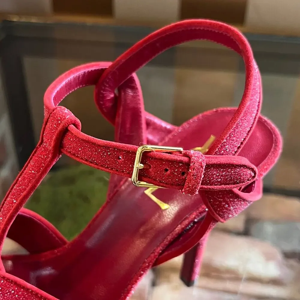 SAINT LAURENT Red Suede Glitter Tribute Heels SZ 36 (US 6) - Picture 7 of 11